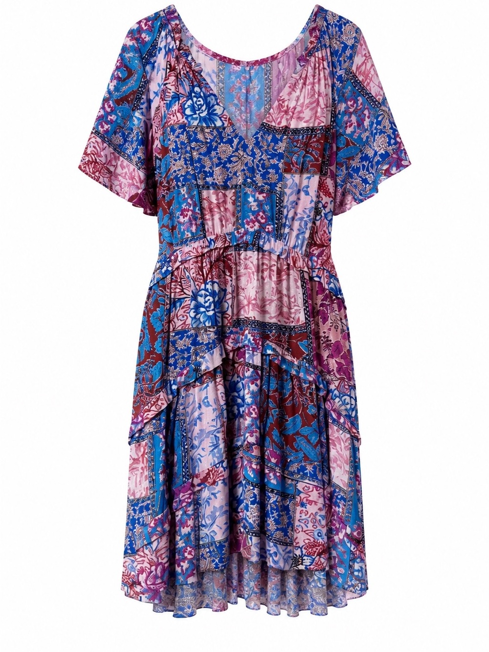 Anthropologie Bohemian Patchwork Floral Midi Dress in Blue and Pink